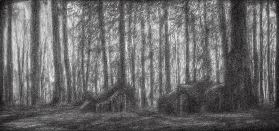Prompt: church in the wood, black wolf guarding, pinhole analogue photo quality, monochrome, blur, unfocus, cinematic, 35mm, chalk drawing