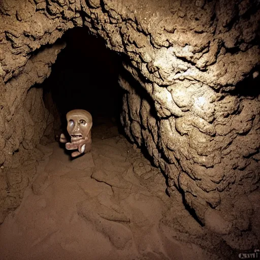 Prompt: found footage of a humanoid made of wet clay emerging from a wall inside of a cave made of wet clay, creepy, flash photography, unsettling, moist, low quality, dark environment, cavern, spelunking