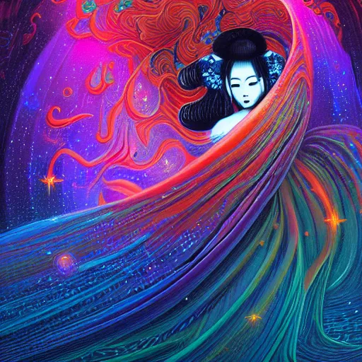 Prompt: A beautiful render of Geisha Woman, floating among stars, pastiche by Dan Mumford and Naoto Hattori and Nick Sullo and Xsullo, mysterious and lucid, glowing Orange color, Blue and topaz colors, Teal and Pink colors in the stars and nebula, vibrant glowing topaz colors neon clouds, insanely detailed and intricate, octane render, volumetric lighting, high contrast, red ultraviolet and neon colors, trending on Artstation, 4K