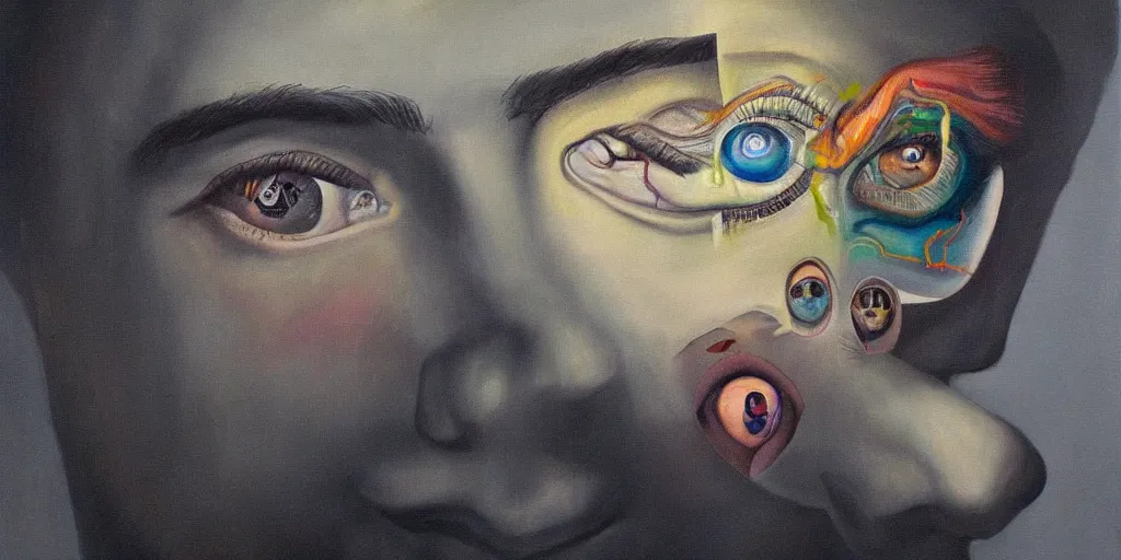 Image similar to a surreal painting of man with his third eye opening