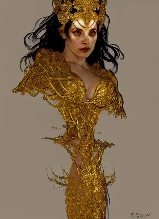 Prompt: bust of a sorceress wearing skimpy gold robes, intricate concept art, skin, ethereal, enchanted, ominous, dramatic lighting, illuminated lines, dark background, 8 k, by ruan jia and krenz cushart and alphonse mucha
