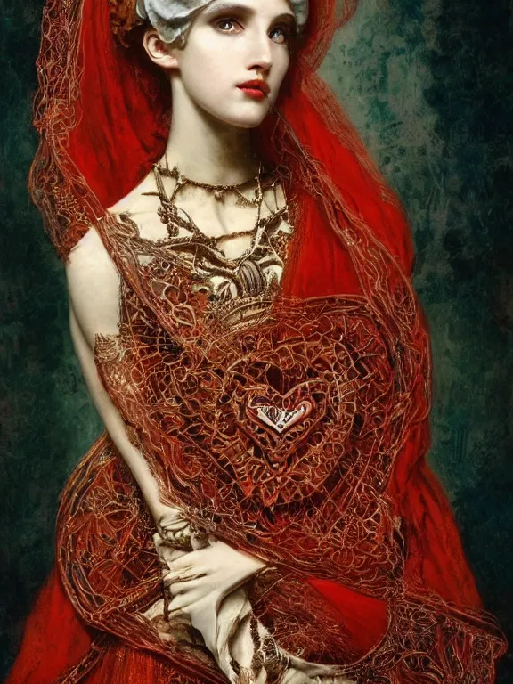 Prompt: a beautiful render of a catholic veiled red queen with symmetry intricate detailed ,heart sculpture,by Lawrence Alma-Tadema,,aaron horkey,Billelis,trending on pinterest,hyperreal,jewelry,gold,intricate,maximalist,glittering,golden ratio,cinematic lighting