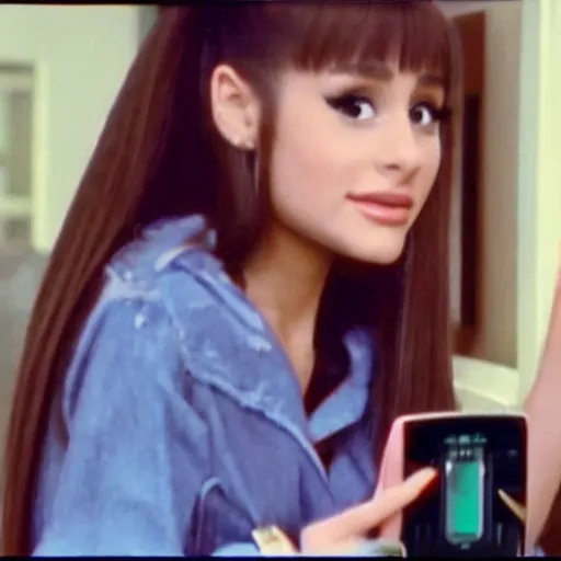 Prompt: ariana grande in 1976 tv commercial holding a phone 4k