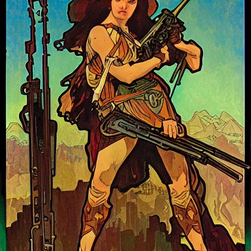 Image similar to postapocalyptic warrior, painted by alphonse mucha
