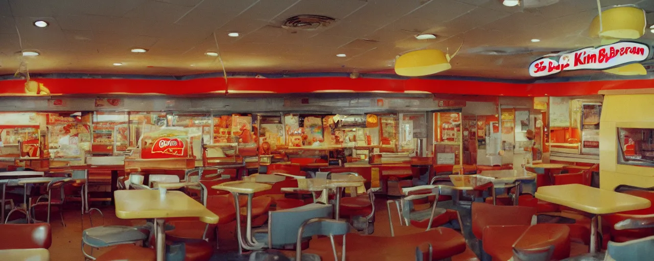 Image similar to spaghetti burger at a 1 9 9 0 s burger king ( restaurant chain ), canon 5 0 mm, kodachrome, in the style of wes anderson