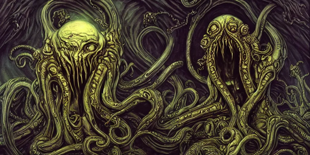 Image similar to lovecraftion god cthulhu, chaos, terror, art by paulc carrick, dave carson, john coulthart, lee brown coye, h. r giger, stephen hickman, sharp focus, smooth, clear, 8 k, hd, lighting, raytracting, dark, lovecraft, arkham, grotesque