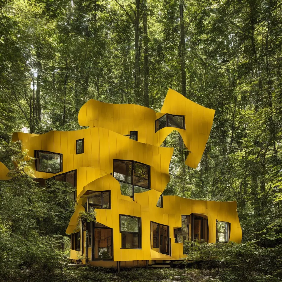 Image similar to a small flat house in the forest, designed by Frank Gehry. Big Tiles. Film grain, cinematic, yellow hue