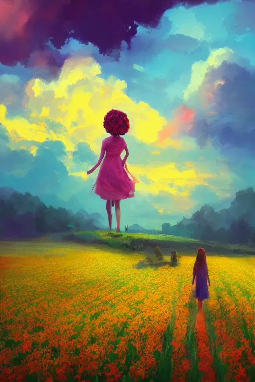 Image similar to giant flower head, girl walking in a flower field, surreal photography, sunrise, dramatic light, impressionist painting, colorful clouds, digital painting, artstation, simon stalenhag