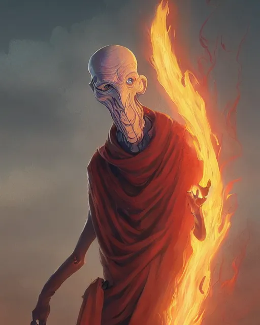 Image similar to tentacled [ squidward ], detailed face, wearing fire nation clothing and practicing firebending outside at susnset, [ greg rutkowski ]