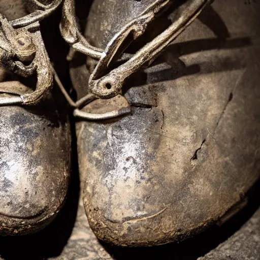 Prompt: a photo of a ancient medieval nike shoes, 4 k, ƒ / 8, focal length : 3 6 mm,