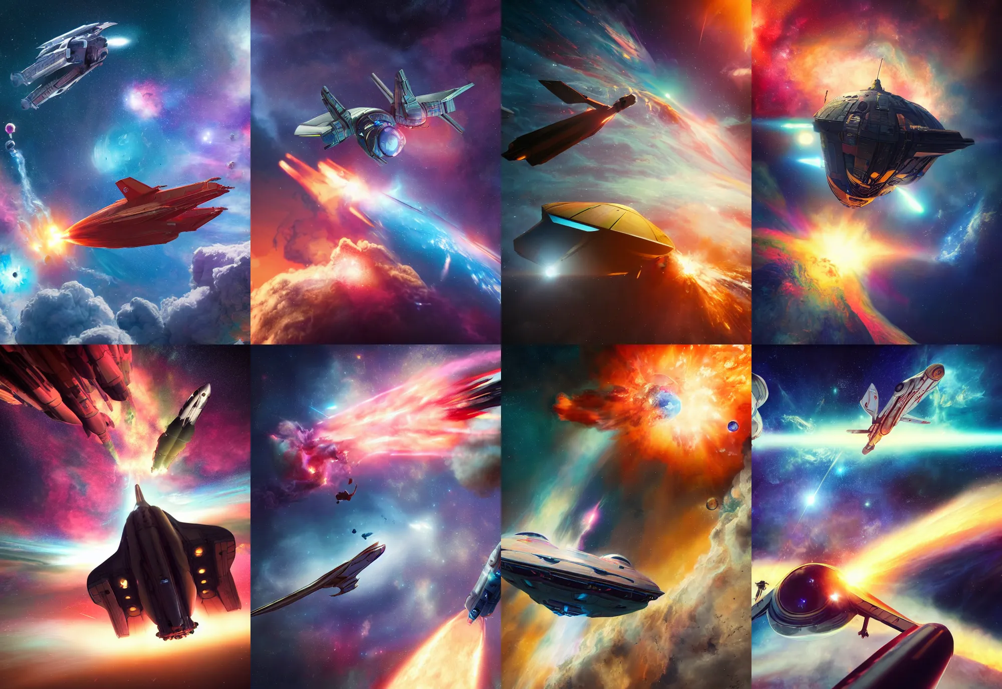 Prompt: An epic fantastic realism comic book style painting of the most beautiful starship launched into space, with crew in windows, color smoke, nebula, particles, glorious galactic collision, fisheye, unreal 5, DAZ, hyperrealistic, octane render, dynamic lighting, bokeh effect