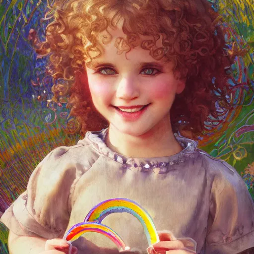Prompt: a beautiful smiling little [[[[[[blonde toddler]]]]]] girl with short loosely curly hair, at the park on a beautiful day, holding a rainbow, by Artgerm, Mucha Klimt, Hiroshi Yoshida and Craig Mullins, featured on Artstation, CGSociety, Behance HD, Deviantart