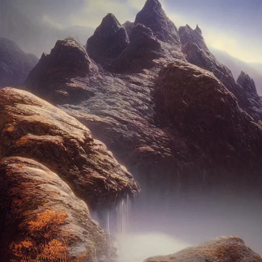 Image similar to tall rocky mountain painting by artist zdzislaw beksinski, 8k octane render, hyper realistic, unreal engine