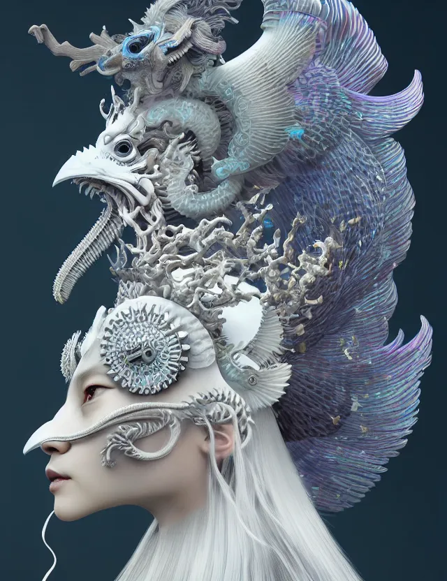 Image similar to 3 d goddess close - up profile portrait with crown, ram skull. beautiful intricately detailed japanese crow kitsune mask and clasical japanese kimono. betta fish, jellyfish phoenix, bio luminescent, plasma, ice, water, wind, creature, artwork by tooth wu and wlop and beeple and greg rutkowski