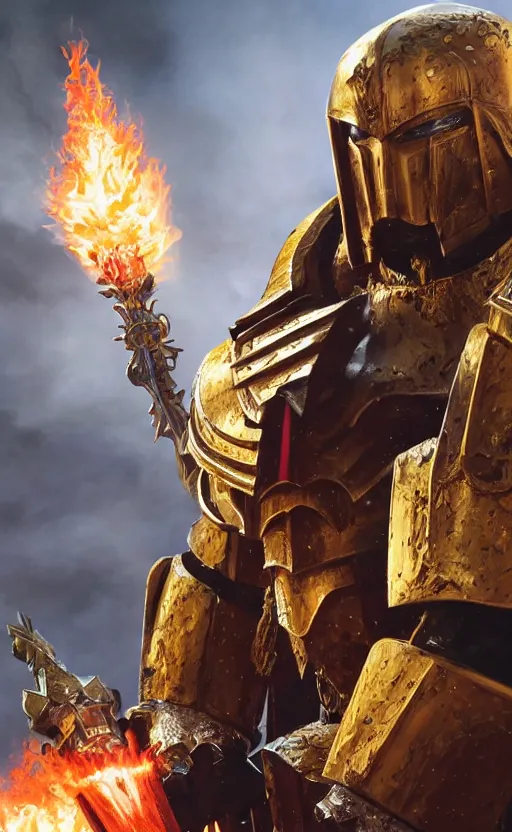 Image similar to 10 foot tall Henry Cavill as warhammer 40k Emperor of Mankind dressed in his golden power armor holding a flaming sword in his right hand. full-length portrait, beautiful face, long hair, painted by Donato Giancarlo and Annie Liebowitz, fine details, cinematic, highly detailed, octane render