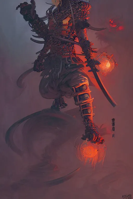 Image similar to samurai yokai cyberpunk kaiju shaman, character concept art by peter mohrbacher and andreas rocha and michael whelan and craig mullins and ross tran and wlop and caravaggio