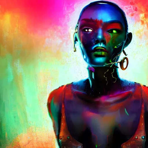 Prompt: a woman with a painted face and body, cyberpunk art by Bruce Onobrakpeya, featured on cg society, afrofuturism, reimagined by industrial light and magic, behance hd, movie still