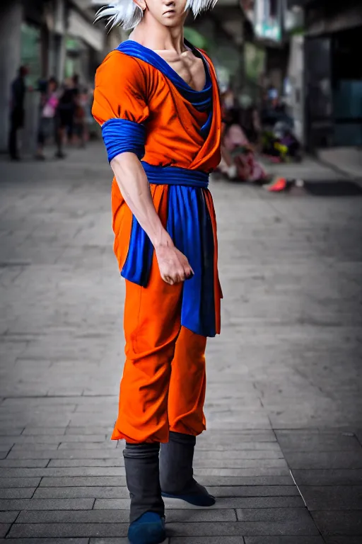 Image similar to portrait Goku from DragonBall Z as a real human, photojournalism street photography, 50mm lens