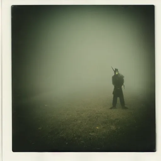 Prompt: polaroid samurai staying in front of huge abandoned hospital in woods, dark, moody, gloomy, foggy