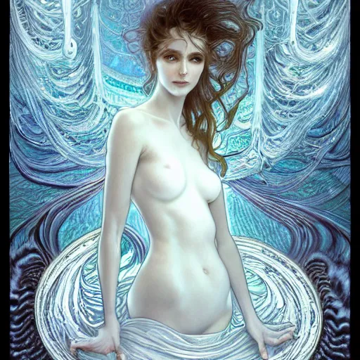 Image similar to a photograpic portrait of a anthropomorphic bioluminescent water wave wearing white clothes, fantasy, intricate, elegant, highly detailed, digital painting, artstation, concept art, smooth, sharp focus, illustration, art by artgerm and H R Giger and alphonse mucha