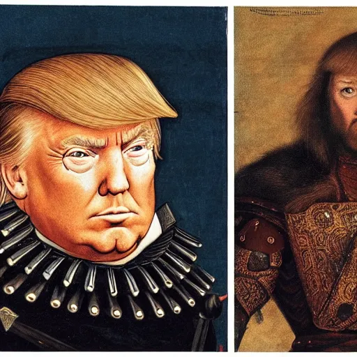 Image similar to donald trump wearing knights armor, donald trump holding a crazy broadsword, donald trump ’ s highly detailed face, donald trump ’ s handsome face, by hans holbein