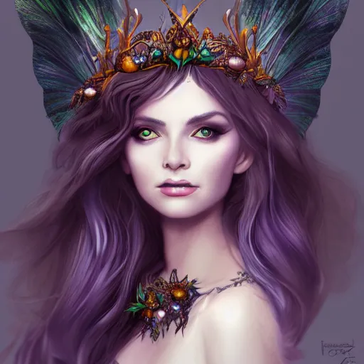 Prompt: detailed portrait of a dark fairy queen with wings, crown, pixie, iris, realism, emerald, galaxy, sapphire,dark purple crown,leaves, moonlit, dark fantasy, dramatic lighting, cgsociety, artstation