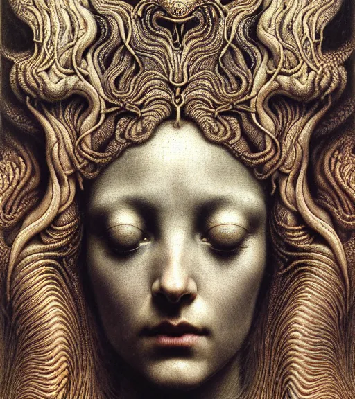 Prompt: detailed realistic beautiful patina goddess face portrait by jean delville, gustave dore, iris van herpen and marco mazzoni, art forms of nature by ernst haeckel, art nouveau, symbolist, visionary, gothic, neo - gothic, pre - raphaelite, fractal lace, intricate alien botanicals, biodiversity, surreality, hyperdetailed ultrasharp octane render