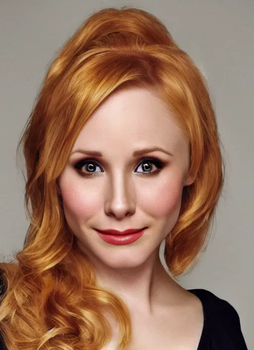 Prompt: photograph of a combination of kristen bell and christina hendricks, highly detailed