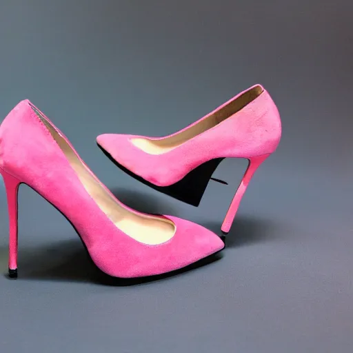 Prompt: pink suede pumps shoes with slim heels and pointed toes, photorealistic, transluscent, glass, beautiful, architecture, product design, clean, highly detailed, 8 k, ornate detail