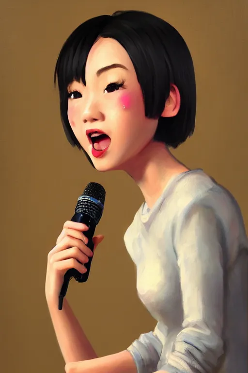 Image similar to a painting of cute Asian girl singing, short hair, in the style of DreamWorks animation, low angle view, 16mm lens, award winning, hyper detailed, dramatic lighting, artstation, octane renderer, unreal engine