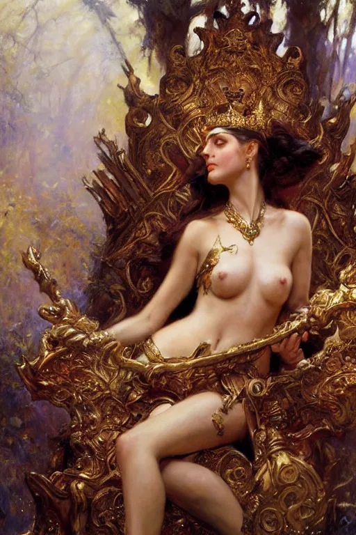 Image similar to full body portrait of forest queen astride her throne, highly detailed painting by gaston bussiere, craig mullins, j. c. leyendecker, 8 k, mid shot