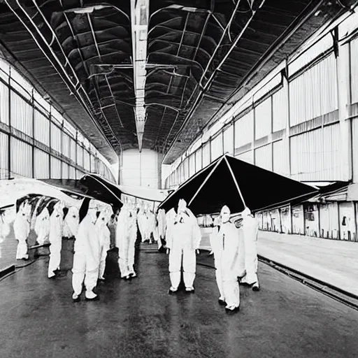 Image similar to flarge black triangle ship inside a hanger, old photo, vintage photo, grainy, realistic, real photo, men in hazmat suits standing around