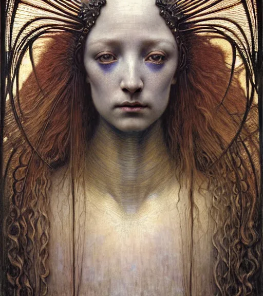 Image similar to detailed realistic beautiful young medieval alien queen face portrait by jean delville, gustave dore and marco mazzoni, art nouveau, symbolist, visionary, gothic, pre - raphaelite. horizontal symmetry by zdzisław beksinski, iris van herpen, raymond swanland and alphonse mucha. highly detailed, hyper - real, beautiful