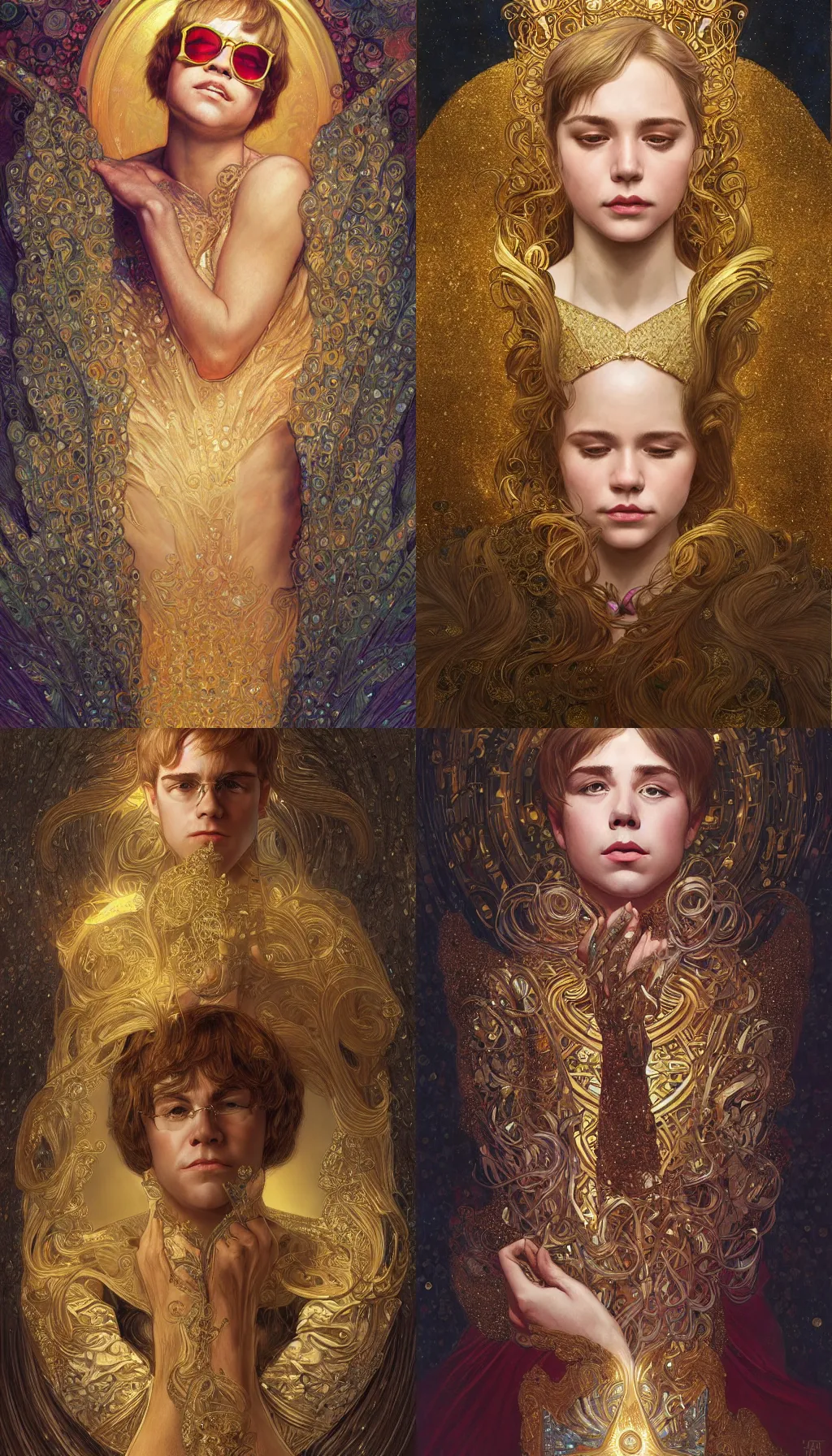 Prompt: young Elton John tarot, holy light, intricate, elegant, highly detailed, digital painting, artstation, concept art, smooth, sharp, focus, illustration, art by artgerm , james jean, gustav klimt, greg rutkowski, and alphonse mucha