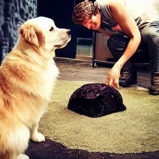 Prompt: a goldendoolde petting a giant piece of poop, it’s steamy, 10000000 likes on Instagram,