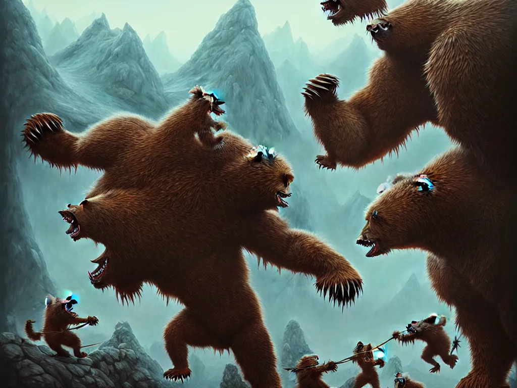 Prompt: highly detailed concept art of colossal bear fighting goblins in mountain, an ultrafine detailed painting, trending on deviantart, neo surrealism, sharp focus, octane, masterpiece, art by randy vargas