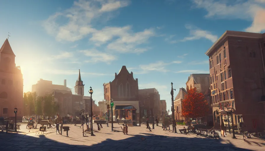 Image similar to midwest town, square, church, sunny day, volumetric light, hyperdetailed, artstation, cgsociety, 8 k