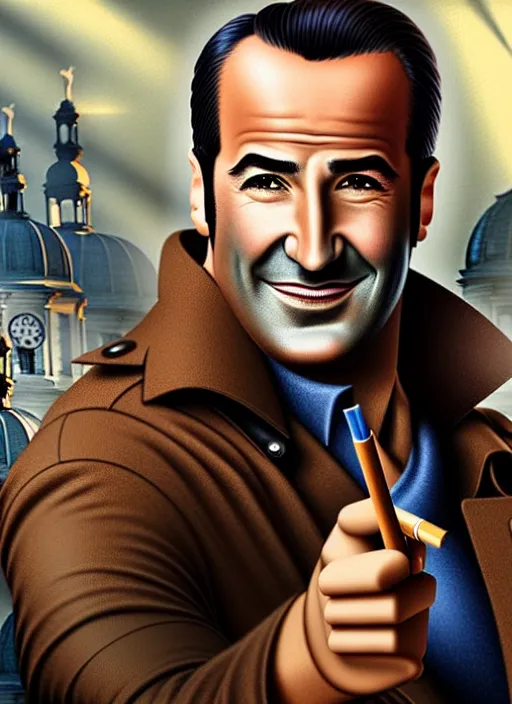 Prompt: photorealistic portrait of beautiful jean dujardin as the artist, charismatic smiling thief, with a light brown trench coat and holding a cigarette, in dresden files movie, scifi background, hd, by artgerm and edgar maxence and greg rutkowski and rob rey