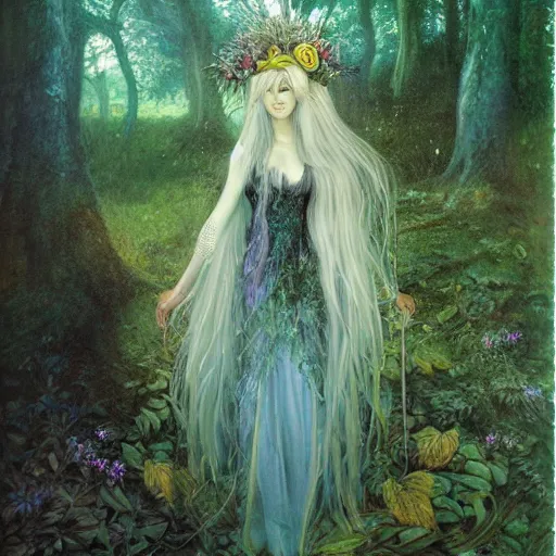 Image similar to fey queen of the summer forest, dress of leaves, fine features, thin, young, silver shimmering hair, by brian froud, dusk scene, night colors, oil on canvas, oil panting