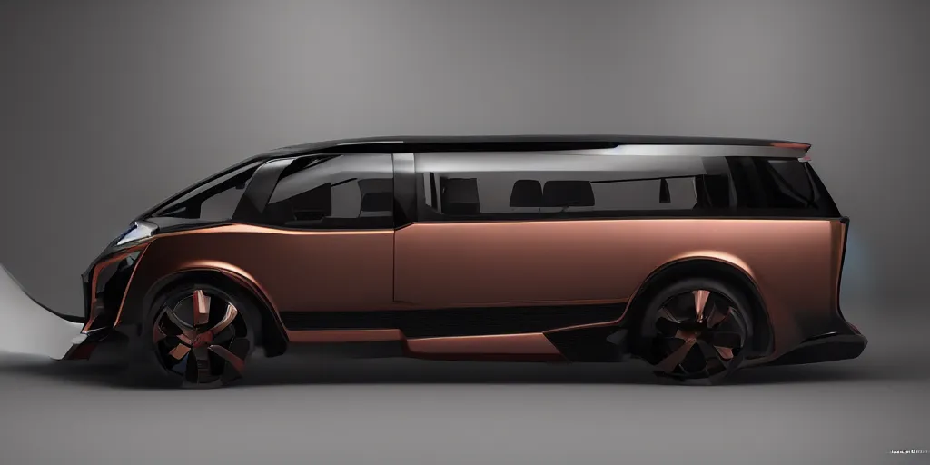Image similar to a design of a futuristic minivan, designed by Polestar, blade runner background, stained antique copper car paint, black windows, dark show room, dramatic lighting, hyper realistic render, depth of field