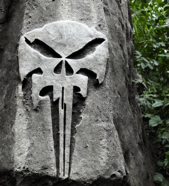 Image similar to punisher symbol carved deeply into stone edifice in the jungle with luminous smoke and light rays.