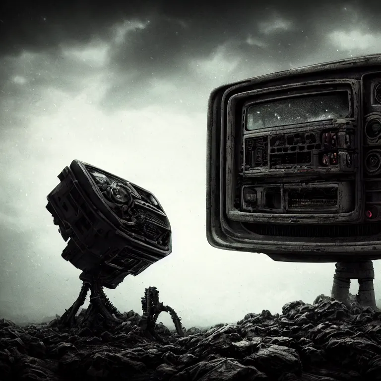 Prompt: closeup portrait of surreal mysterious abandoned ribbed broken old crt monitor in the foreground, in wastelands on exoplanet at night, dark clouds, dark washed tint black, dream-like heavy atmosphere, dark baroque painting, beautiful detailed intricate insanely detailed octane render trending on Artstation, 8K artistic photography, photorealistic, dramatic cinematic perfect light, harsh flash photography, chiaroscuro, award-winning photograph, masterpiece, Raphael, Caravaggio, Beksinski, Giger