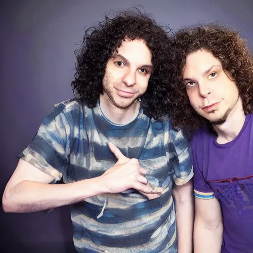 Image similar to a photo of dan avidan and arin hanson in the backrooms, hd, 4 k, soft vignette