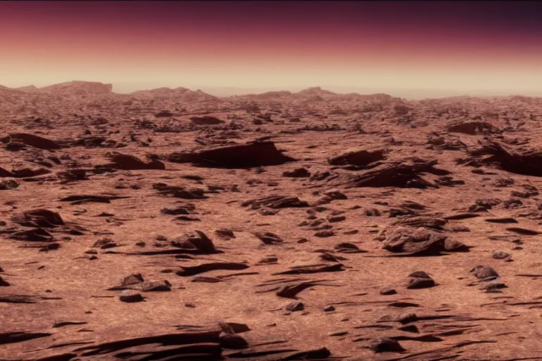 Image similar to A stunning, epic, cinematic film still of a desert planet with rocky cliffs in the distance.