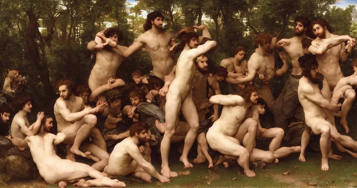 Image similar to large group of pre-Raphaelite muscular athletic male gamers wearing headsets and playing video-games on laptops playstation5 x-box and PC by Bouguereau and raphael