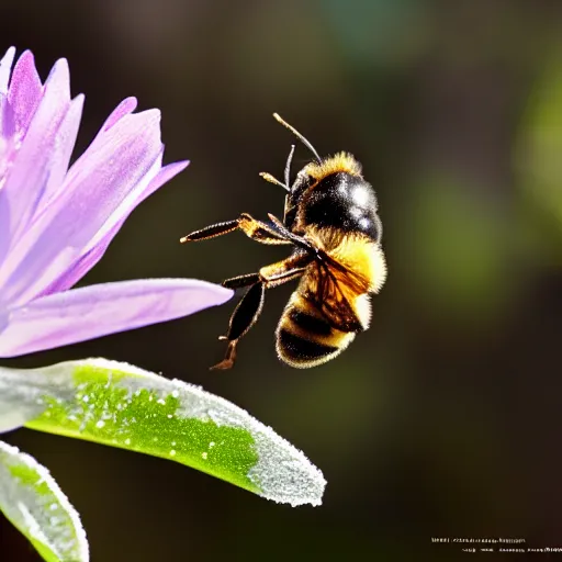 Image similar to a bee trying to reach a flower made of ice, beautiful macro photography, ambient light