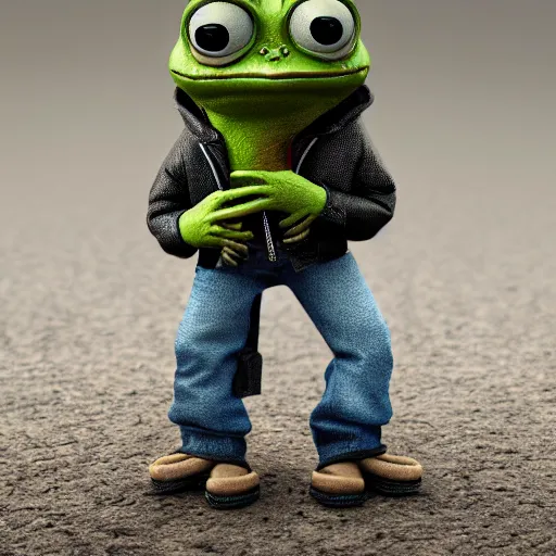 Image similar to perfectly accurate miniature figure of pepe the frog wearing jeans and a black leather jacket, soft textures, skin texture, clothing, 3d sculpture, textured, fine detail, lifelike, photo, high resolution, octane render, post processing, after effects, trending on artstation