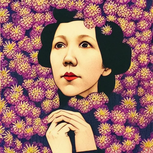 Image similar to “ maggie gyllenhaal portrait by ikenaga yasunari and ayana otake and ko rakusui, 6 0 s poster, drawing, realistic, sharp focus, japanese, dreamy, nostalgia, faded, golden hues, floral clothes, porcelain skin ”