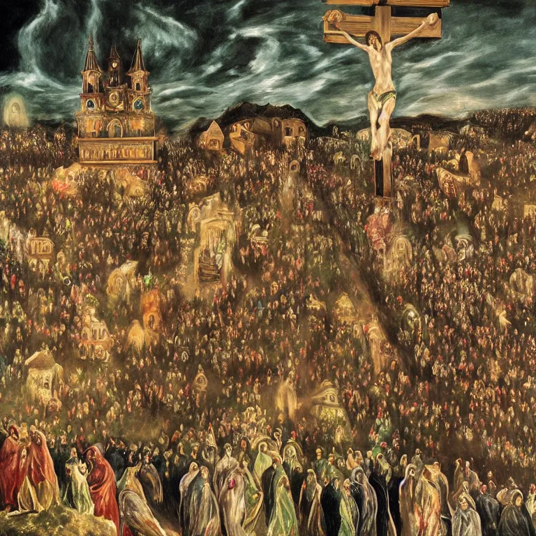 Image similar to A Holy Week procession of souls in a Spanish green village at night. A figure at the front holds a cross, trending on artstation, highly detailed, 50mm, by El Greco, Remedios Varo y Salvador Dali.