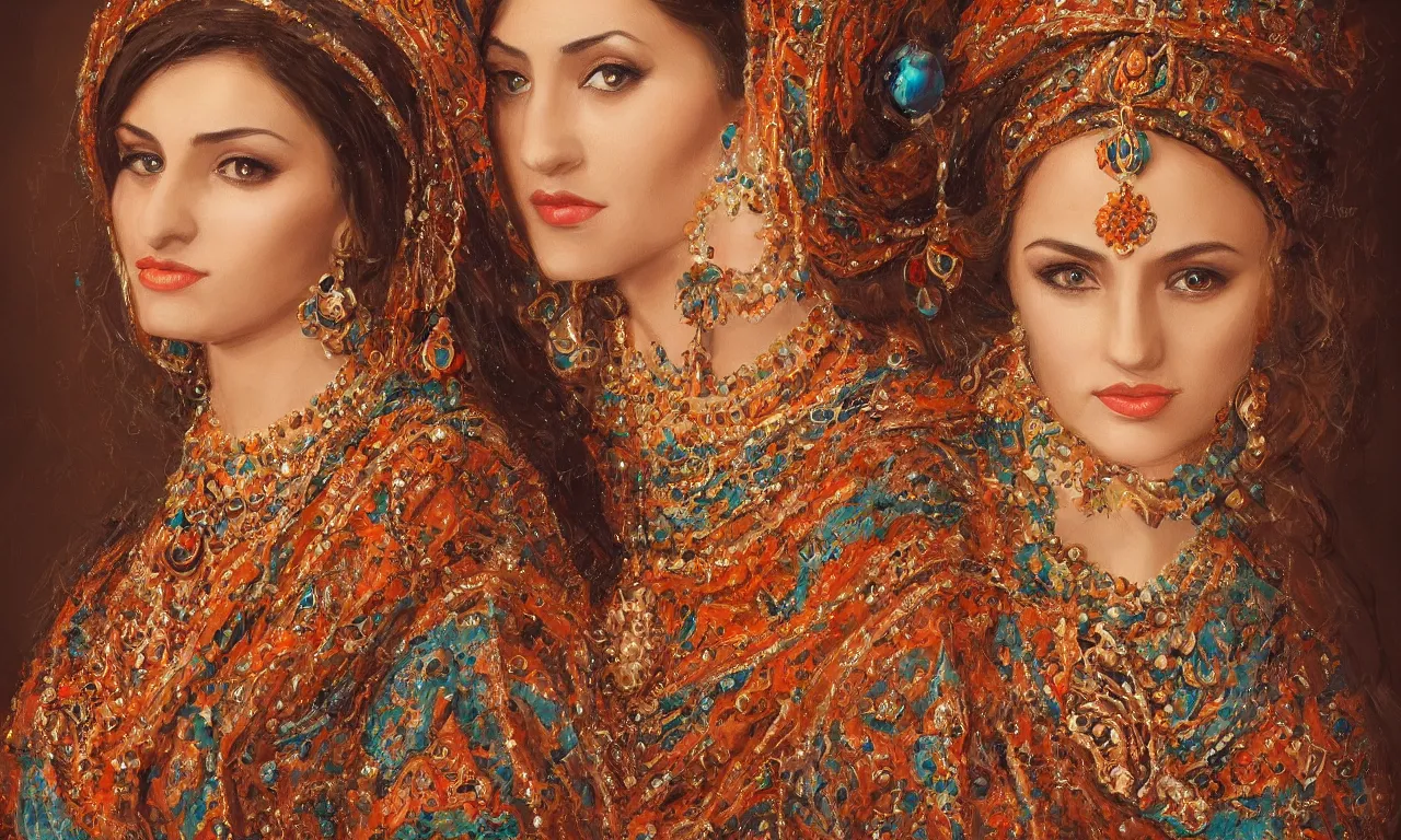 Image similar to stunning awe-inspiring portrait of a lady in traditional Armenian attire, wearing highly detailed jewelries and ornaments, beautiful face, beautiful portrait lighting, teal and orange colored background with traditional lampstands and furnitures, artstation, smooth portrait